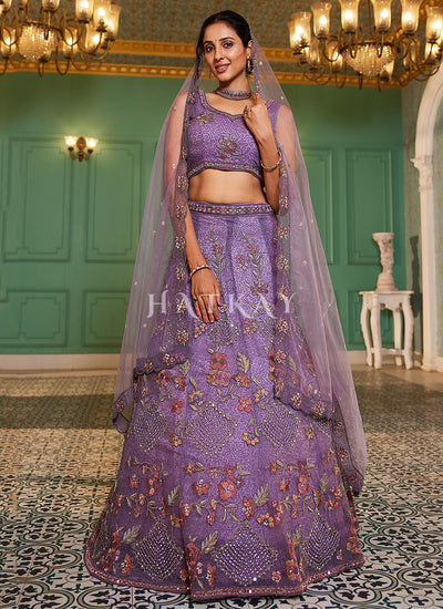 Lavender Floral Embroidery Bridal Lehenga Choli