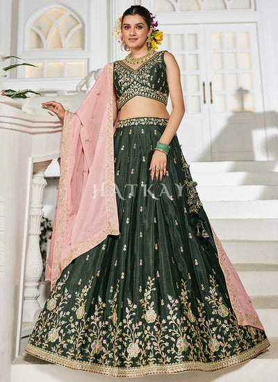 Olive Green Traditional Embroidery Wedding Lehenga Choli