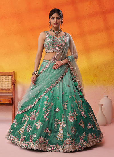 Green Ombré Traditional Embroidery Bridal Lehenga Choli