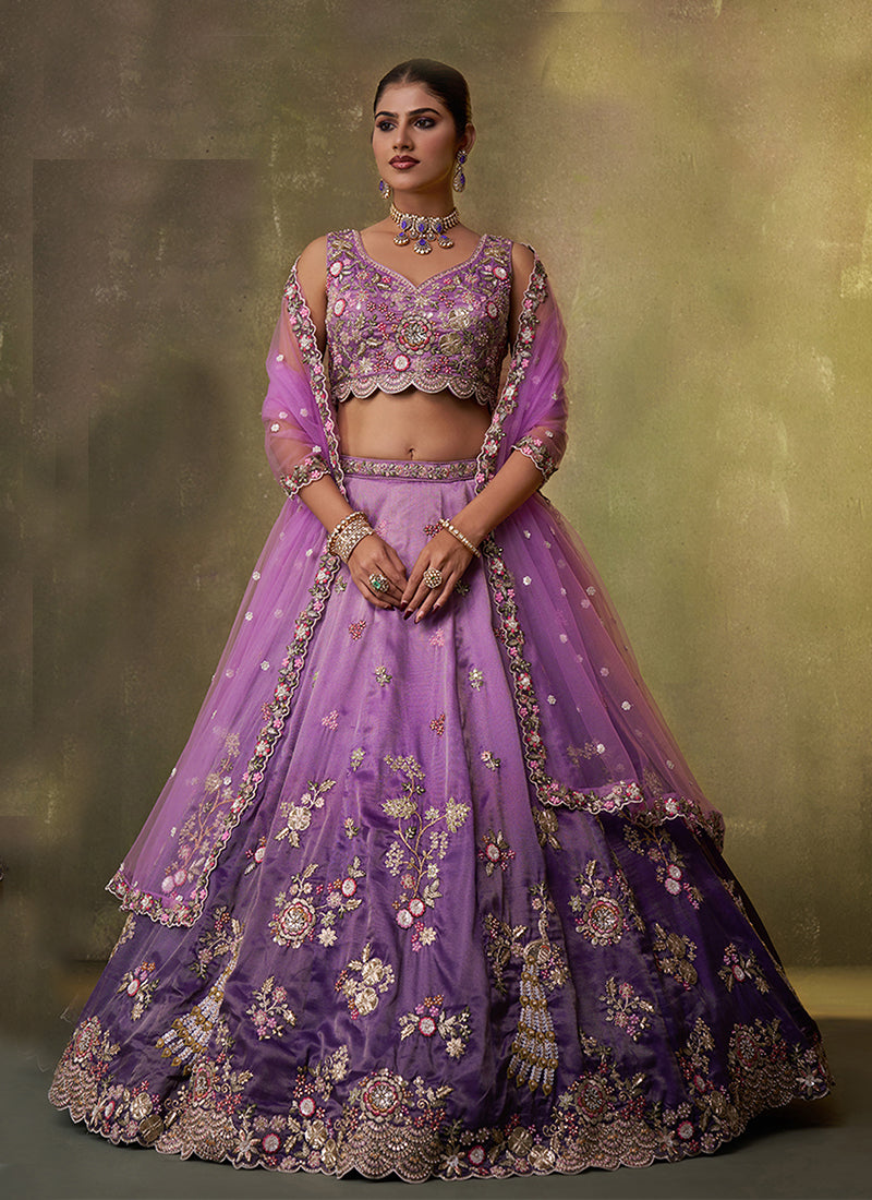 Purple Ombré Traditional Embroidery Bridal Lehenga Choli