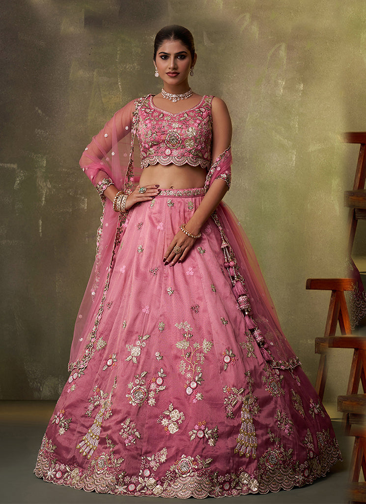 Pink Ombré Traditional Embroidery Bridal Lehenga Choli