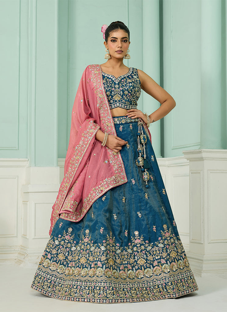 Teal Sequins Embroidery Silk Lehenga Choli