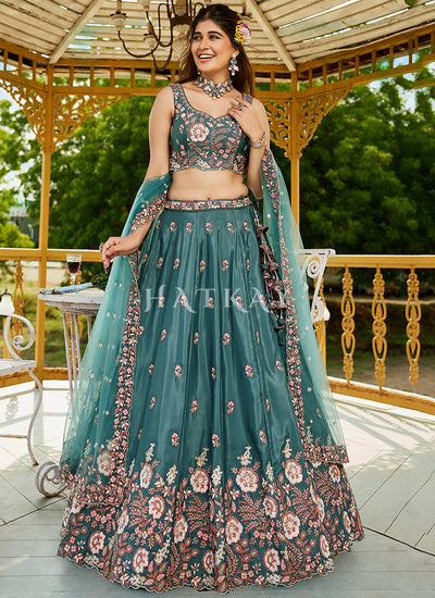 Teal Green Traditional Embroidery Wedding Lehenga Choli