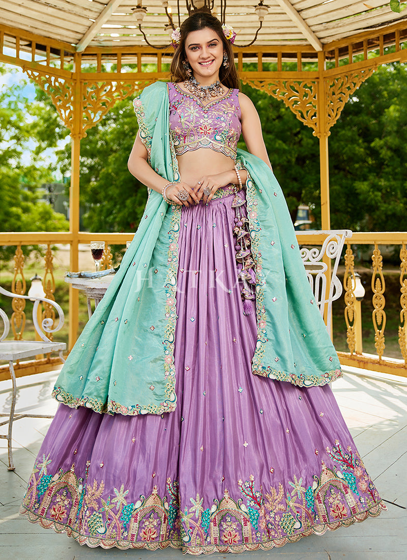 Purple And Teal Multi Embroidery Bridal Lehenga Choli