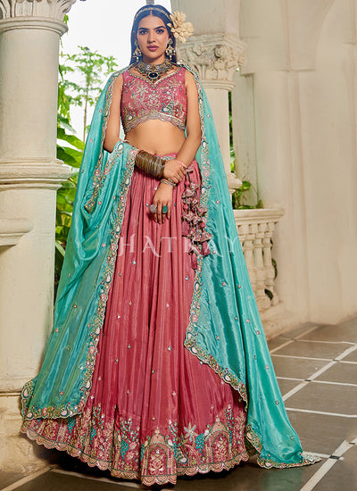 Red And Teal Multi Embroidery Bridal Lehenga Choli