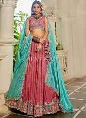 Red And Teal Multi Embroidery Bridal Lehenga Choli