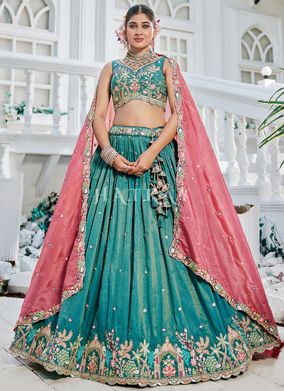 Turquoise And Peach Multi Embroidery Bridal Lehenga Choli