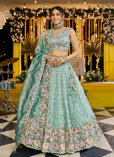 Sea Green Embroidered Silk Lehenga Choli