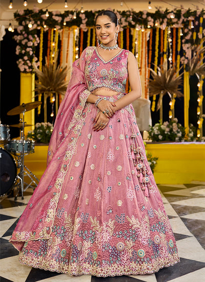 Pink Embroidery Silk Lehenga Choli
