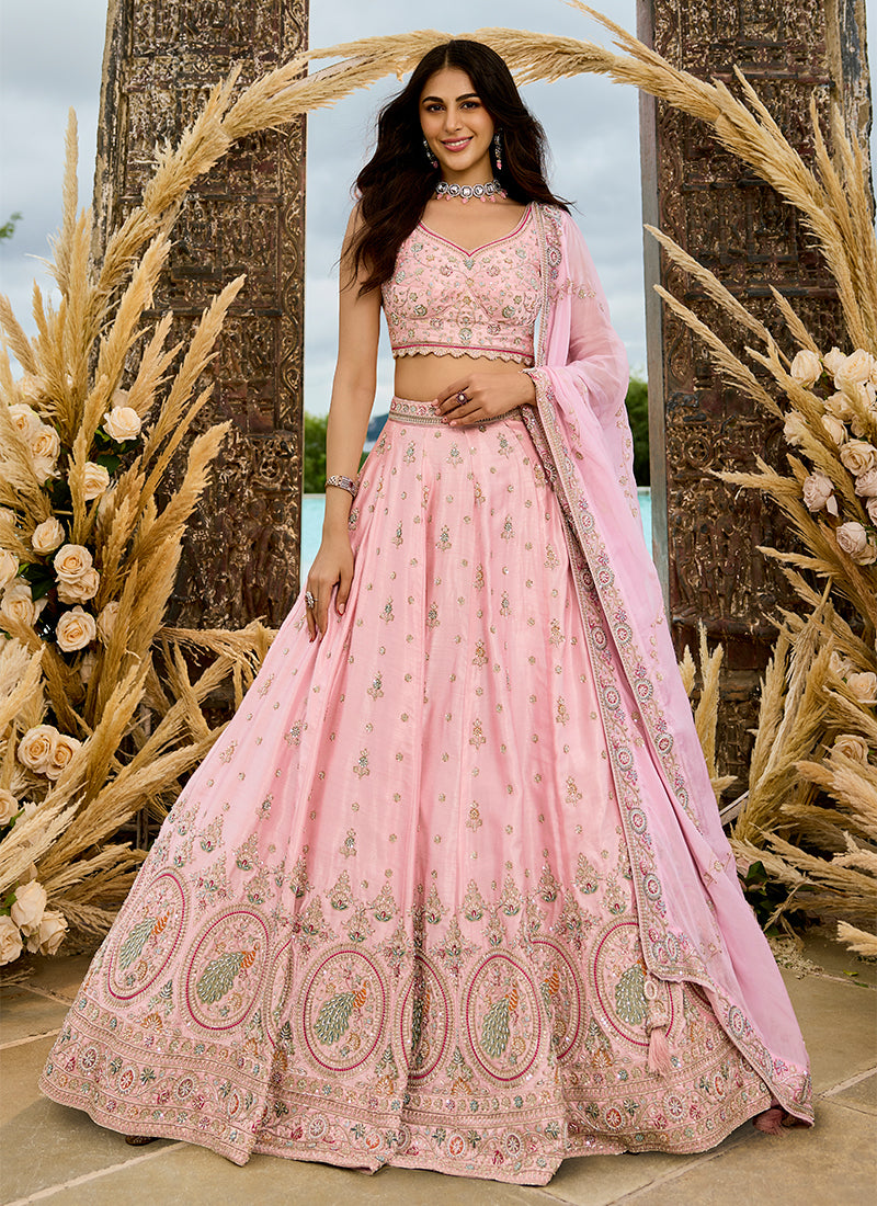 Pink Embroidered Silk Wedding Lehenga Choli