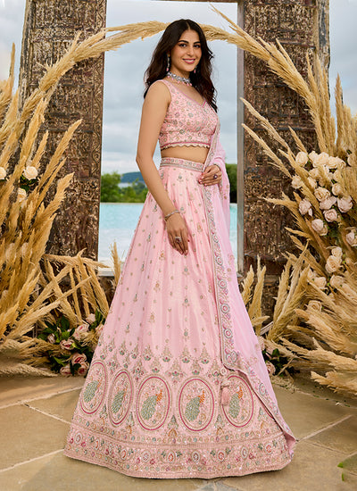 Pink Embroidered Silk Wedding Lehenga Choli