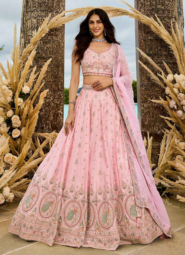 Pink Embroidered Silk Wedding Lehenga Choli