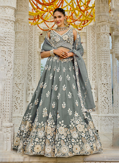 Grey Embroidery Silk Lehenga Choli