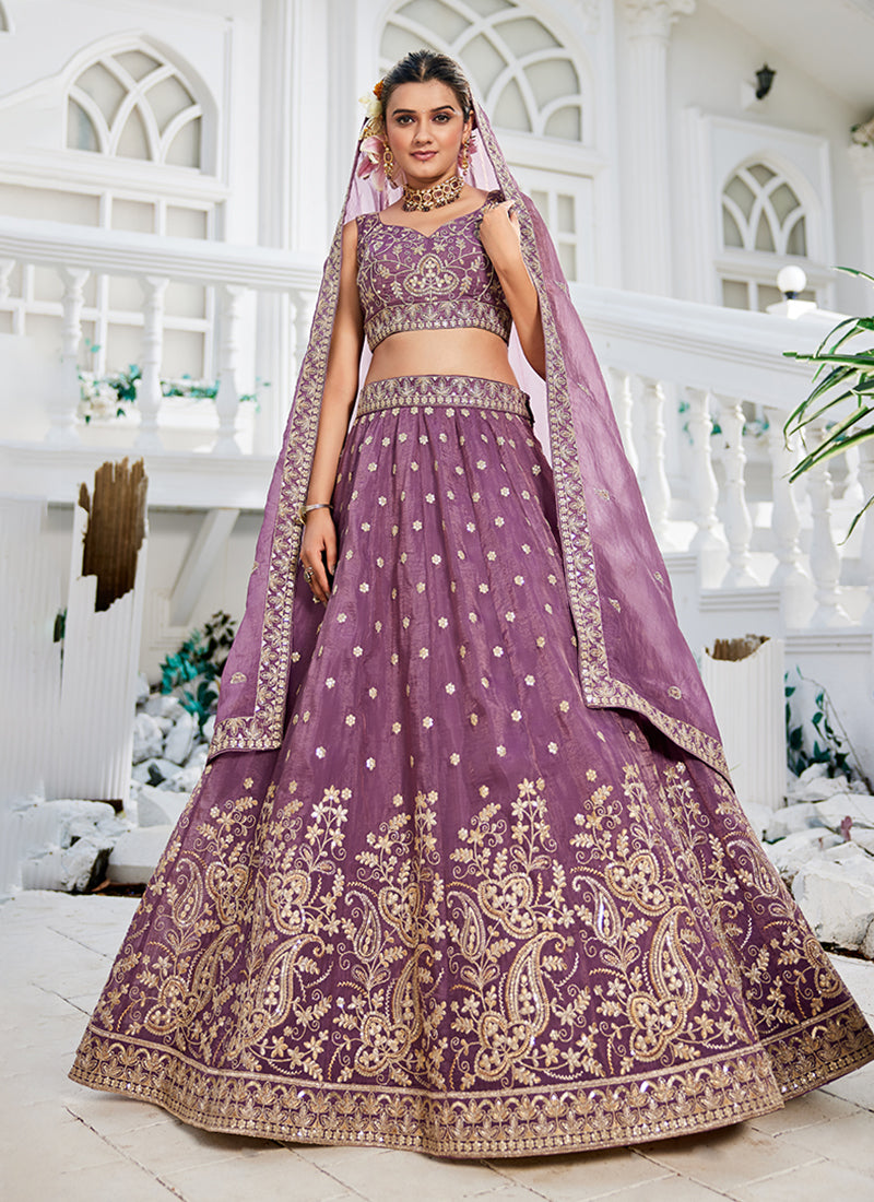 Lavender Embroidered Silk Wedding Lehenga Choli