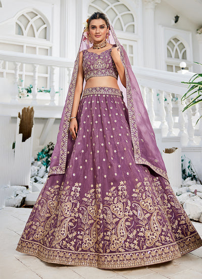 Lavender Embroidered Silk Wedding Lehenga Choli