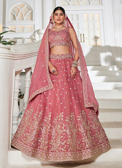 Pink Embroidery Silk Wedding Lehenga Choli