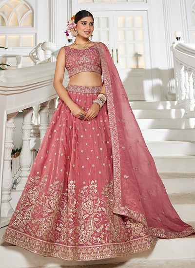 Pink Embroidery Silk Wedding Lehenga Choli