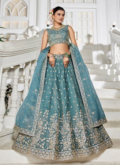 Sea Green Embroidered Silk Wedding Lehenga Choli
