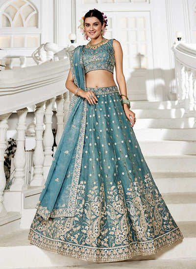 Sea Green Embroidered Silk Wedding Lehenga Choli