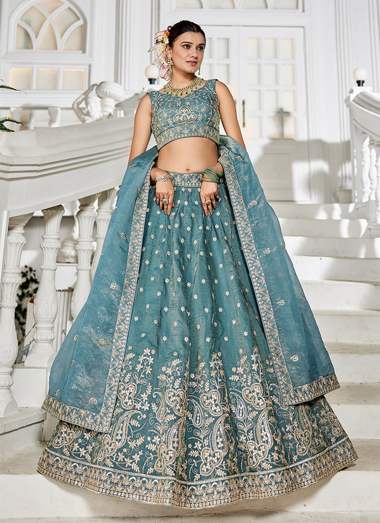 Sea Green Embroidered Silk Wedding Lehenga Choli