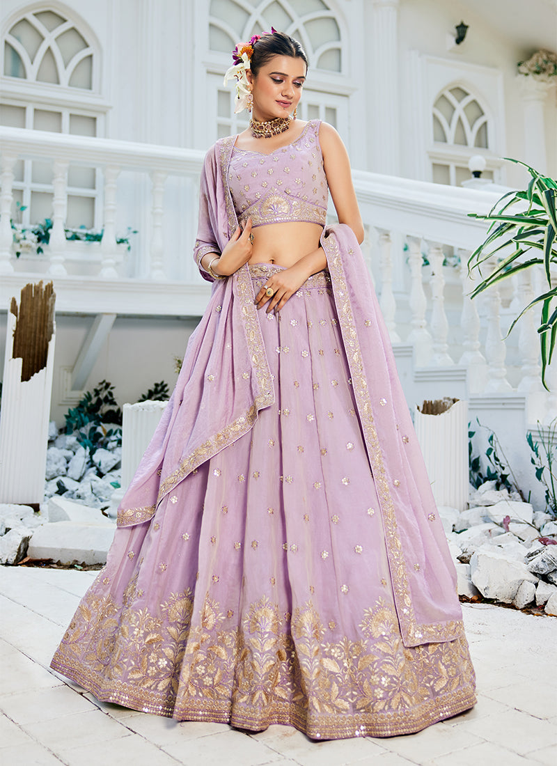 Lavender Embroidery Tissue Silk Wedding Lehenga Choli