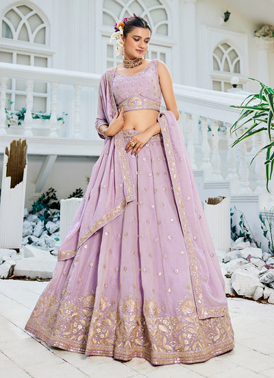 Lavender Embroidery Tissue Silk Wedding Lehenga Choli
