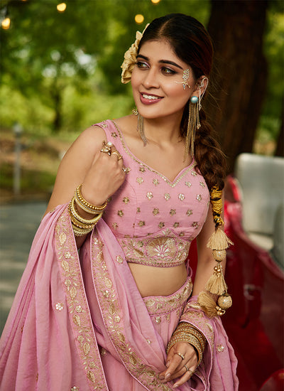 Pink Embroidery Tissue Silk Wedding Lehenga Choli