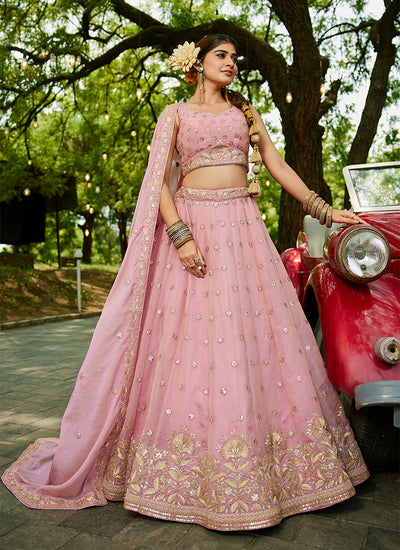 Pink Embroidery Tissue Silk Wedding Lehenga Choli