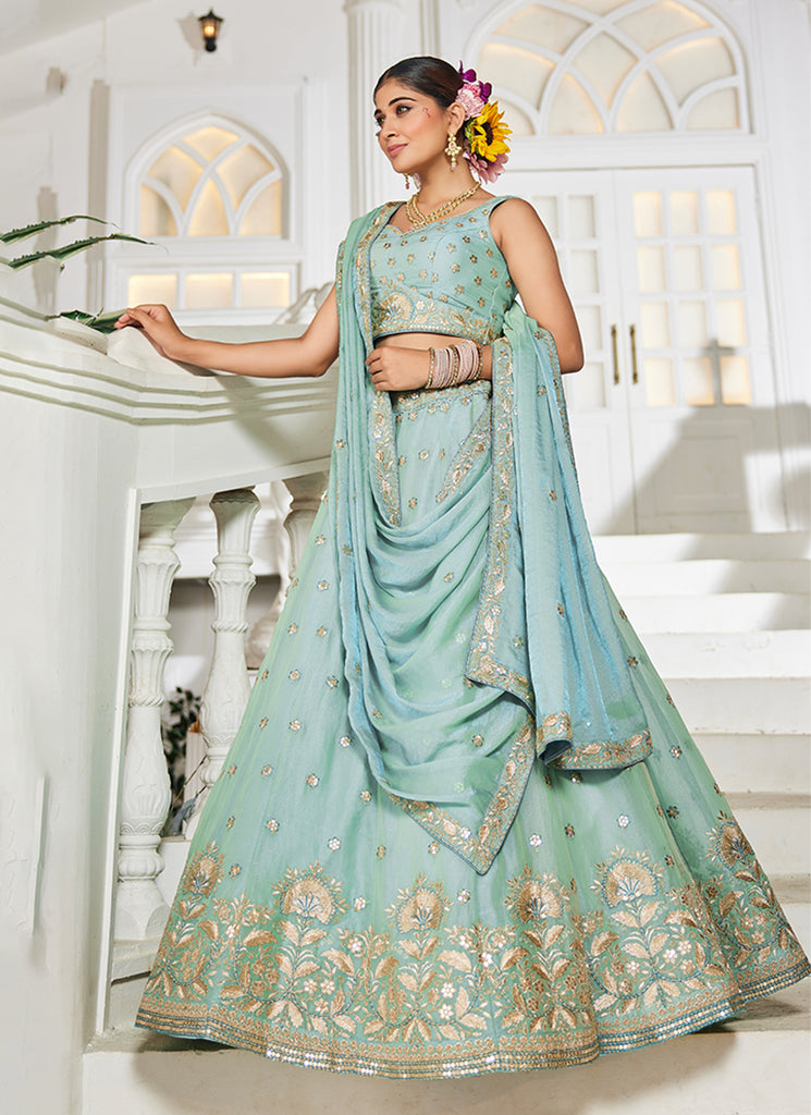 Sea Green Embroidery Tissue Silk Wedding Lehenga Choli