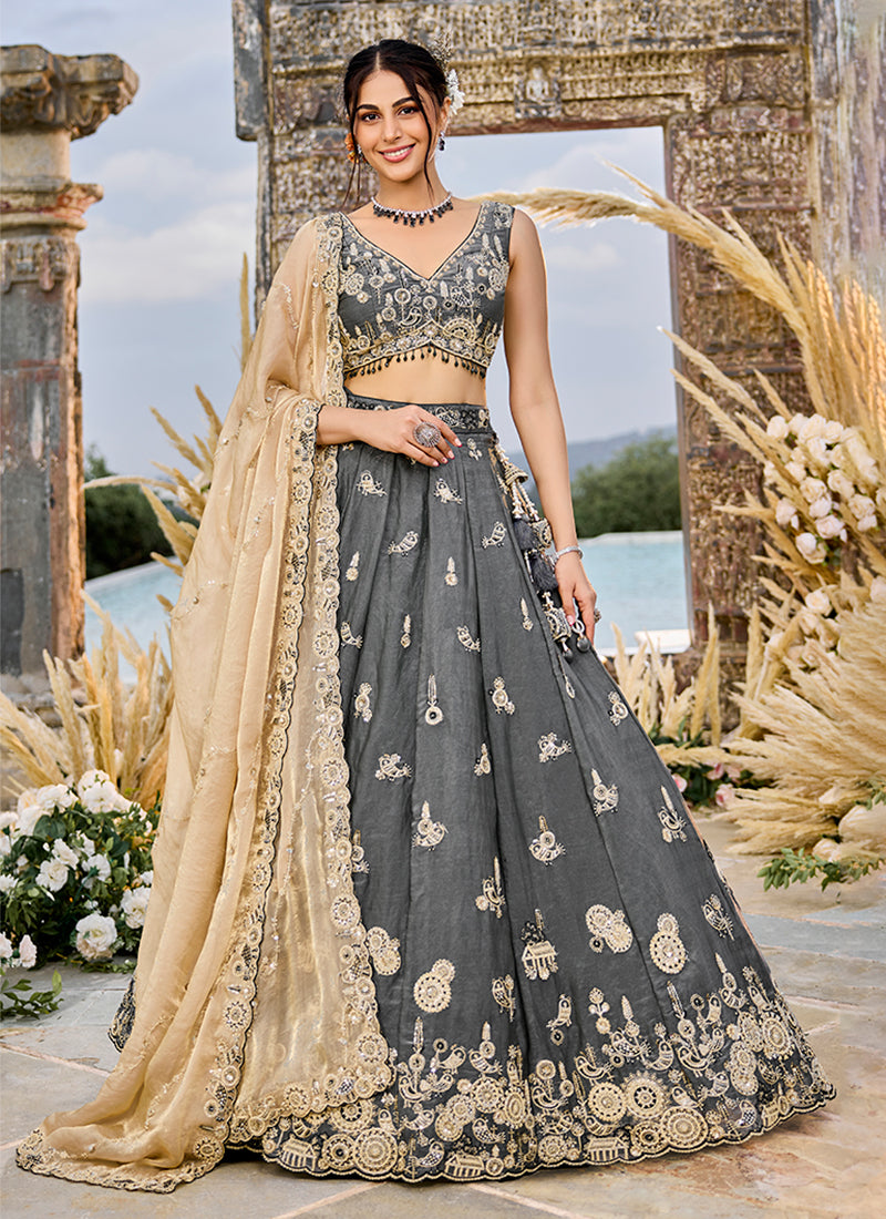 Charcoal Grey Embroidery Silk Lehenga Choli