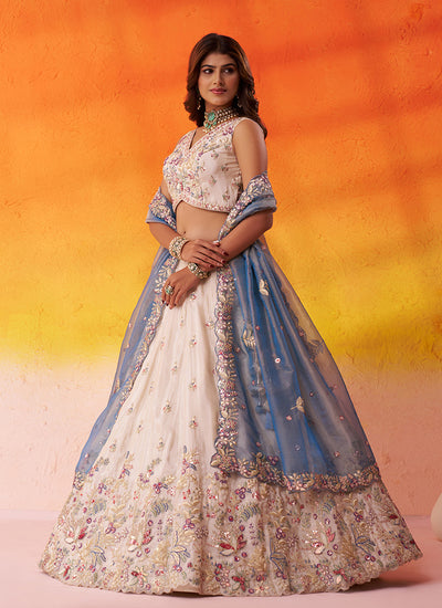 Off White and Blue Multi Embroidery Wedding Lehenga Choli