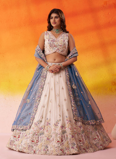 Off White and Blue Multi Embroidery Wedding Lehenga Choli