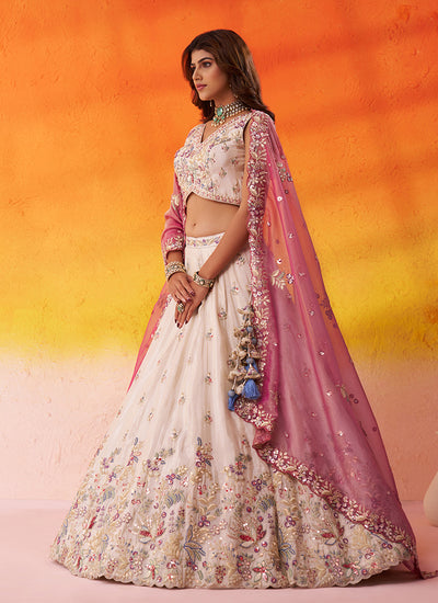 Off White and Pink Multi Embroidery Wedding Lehenga Choli