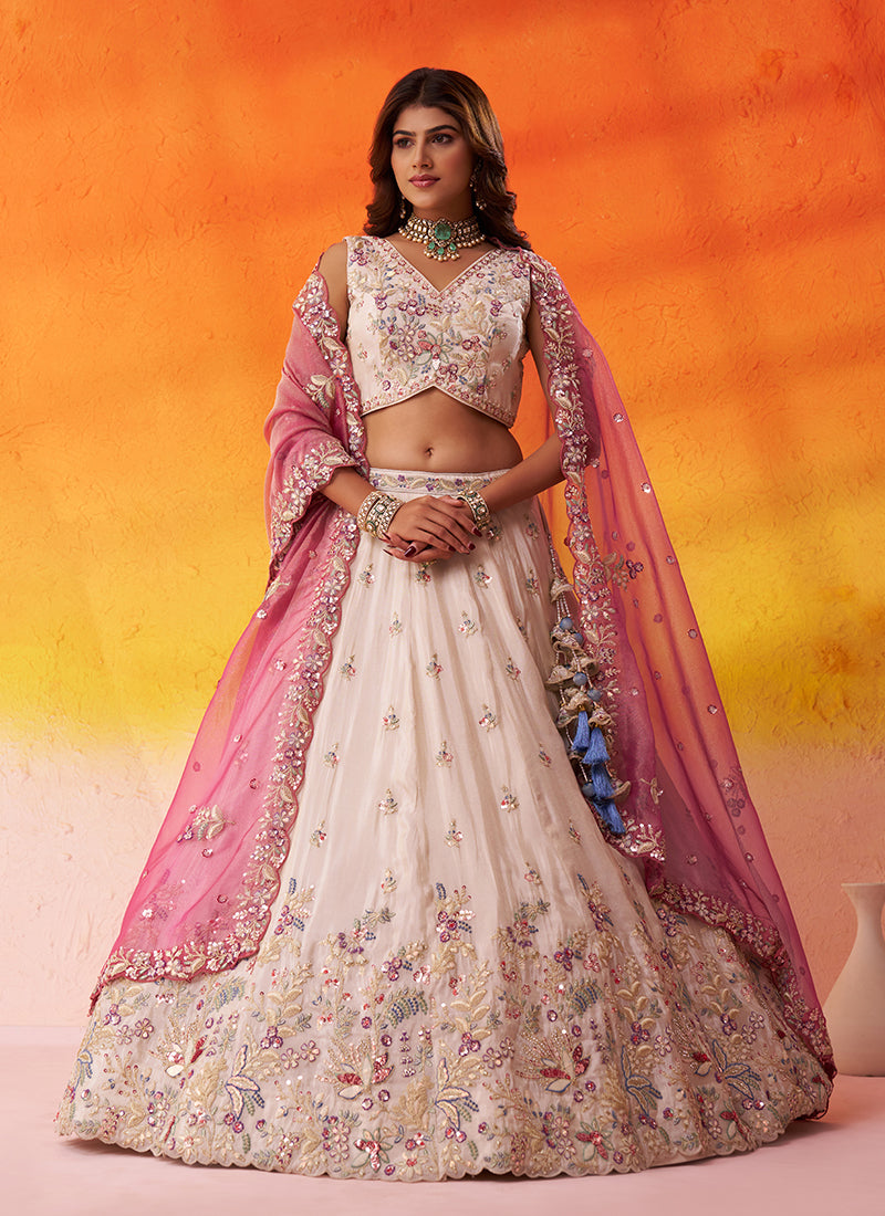 Off White and Pink Multi Embroidery Wedding Lehenga Choli