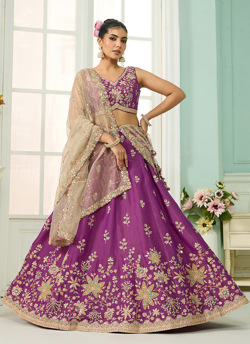 Burgundy Sequins Embroidery Georgette Lehenga Choli