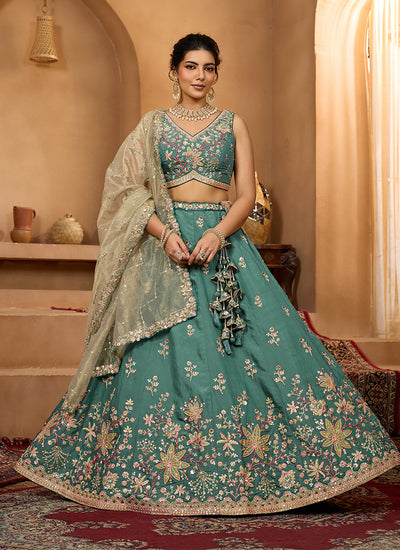 Sea Green Sequins Embroidery Georgette Lehenga Choli