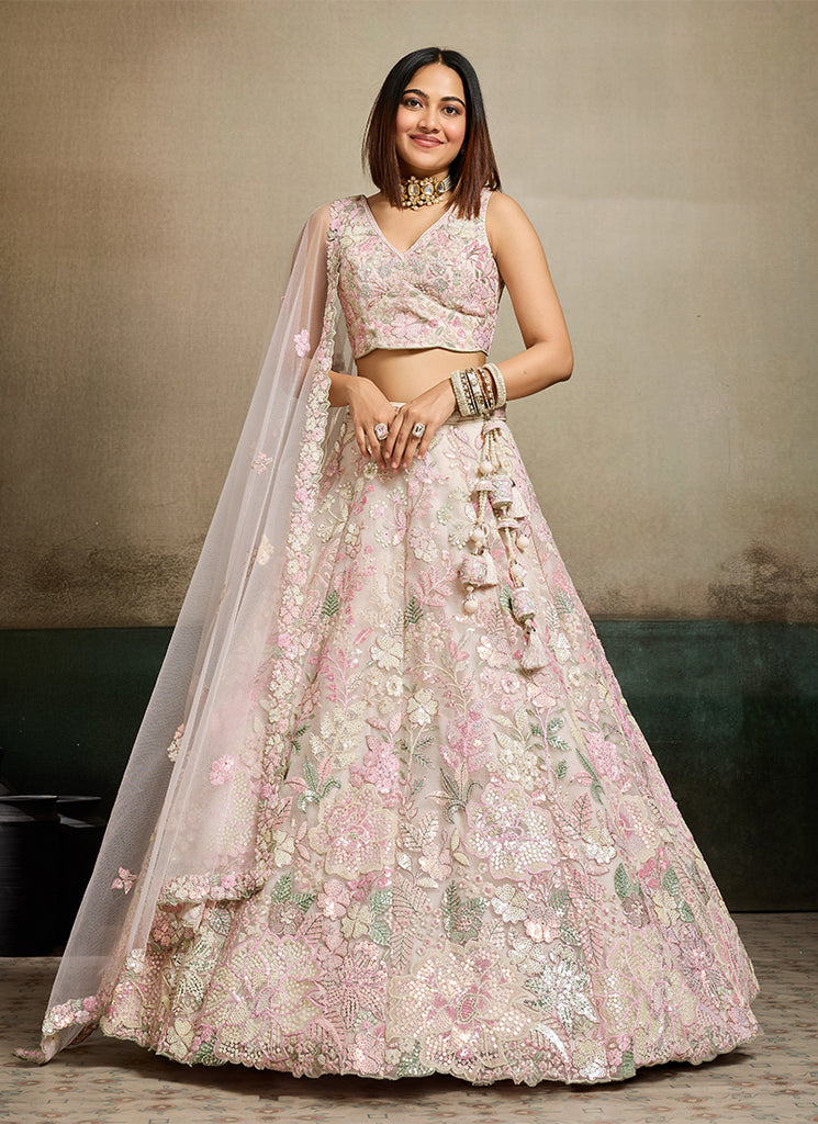 Cream Embroidery Net Wedding Lehenga Choli