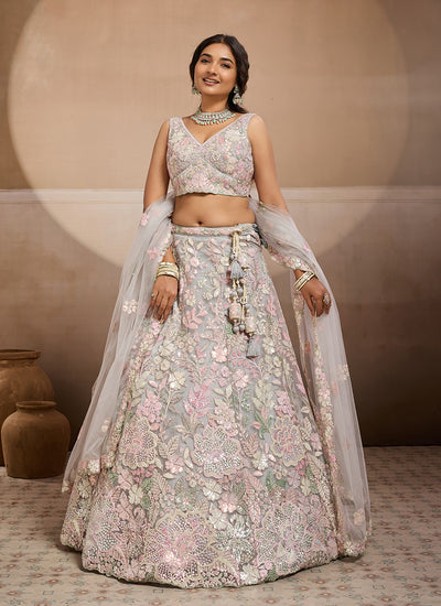 Grey Embroidery Net Wedding Lehenga Choli