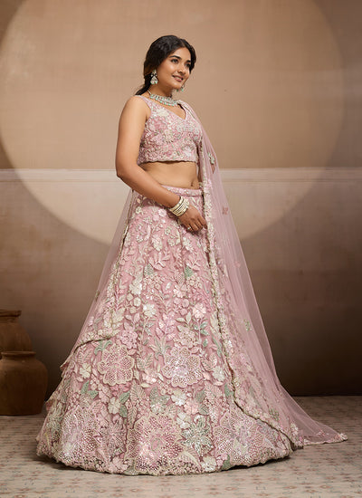 Pink Embroidery Net Wedding Lehenga Choli