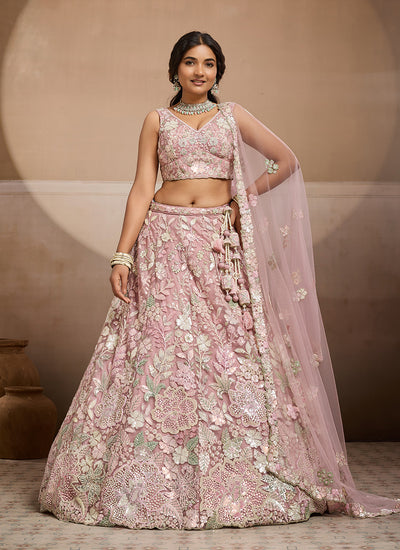 Pink Embroidery Net Wedding Lehenga Choli