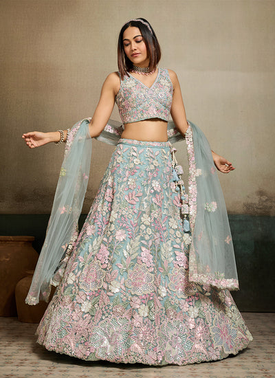 Turquoise Embroidery Net Wedding Lehenga Choli