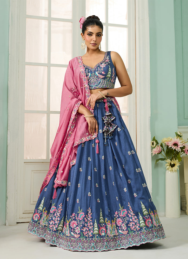 Blue Sequins Embroidery Silk Lehenga Choli