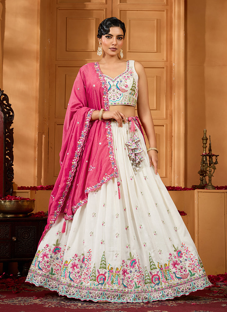 Cream Sequins Embroidery Silk Lehenga Choli