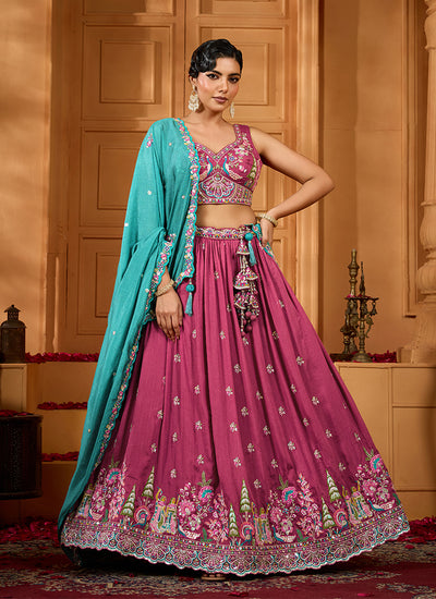 Mauve Pink Sequins Embroidery Silk Lehenga Choli