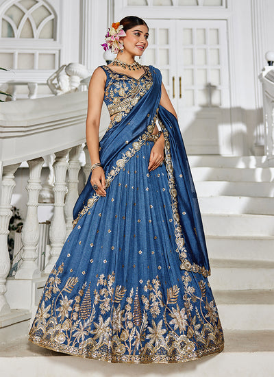 Navy Blue Embroidery Wedding Lehenga Choli