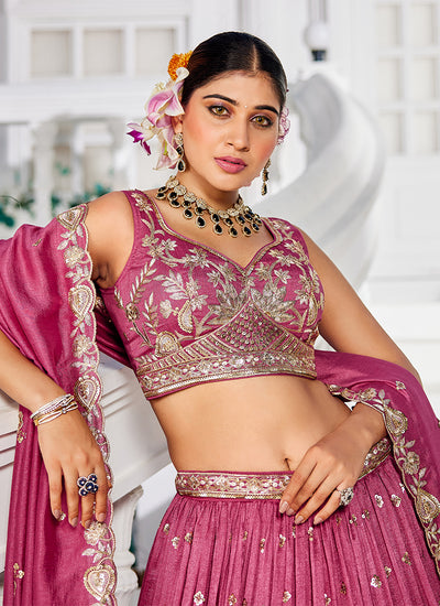 Rose Pink Embroidery Georgette Wedding Lehenga Choli