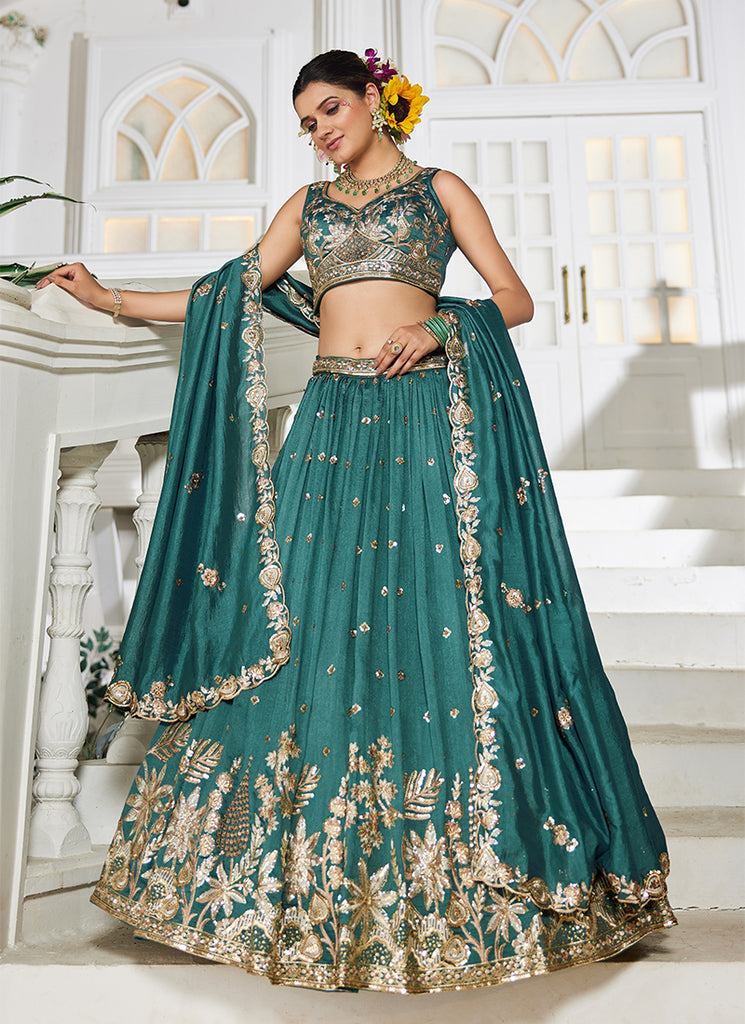 Teal Green Embroidery Wedding Lehenga Choli