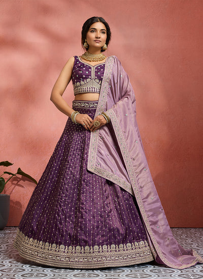 Purple Handwork Embroidery Tissue Silk Lehenga Choli