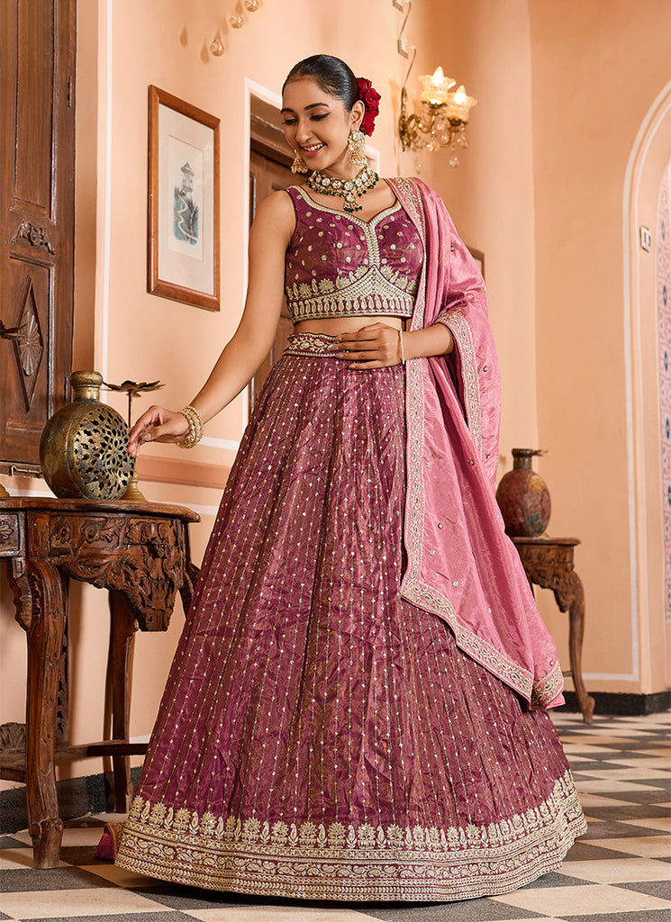 Rose Pink Handwork Embroidery Tissue Silk Lehenga Choli