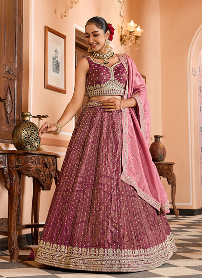 Rose Pink Handwork Embroidery Tissue Silk Lehenga Choli